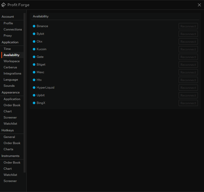 Availability section — exchanges and connection status
