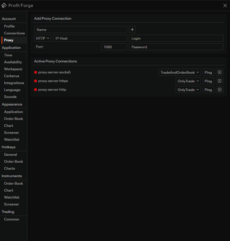 Proxy — add form and active connections list