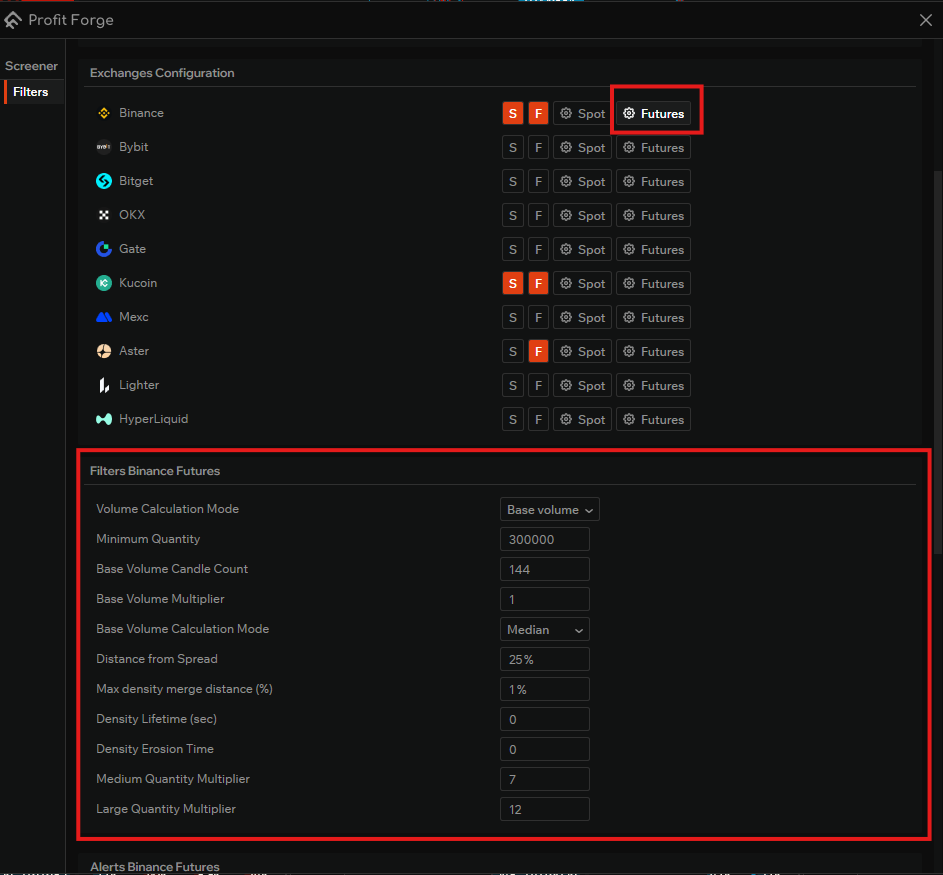 Exchange configuration and the "Filters Binance Futures" section