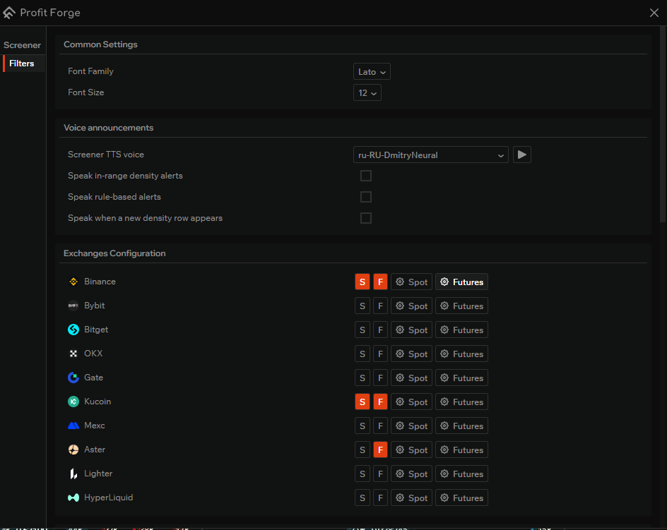 Screener settings — common options, voice announcements, and exchanges