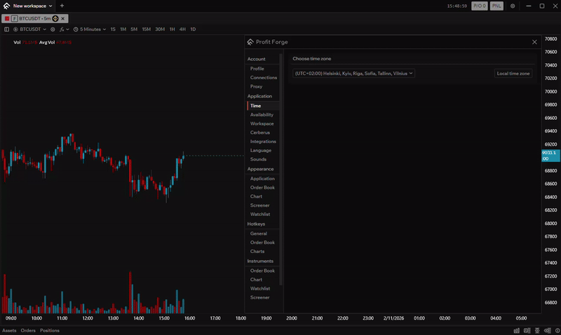 Changing timezone updates title bar and chart axis